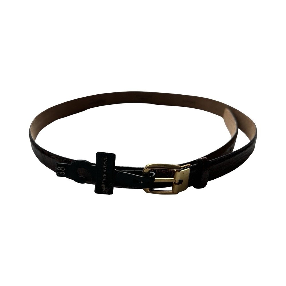 Saks Fifth Avenue Caiman Crocodile Brass Buckle Brown Belt Mens 38 NWT Italy
